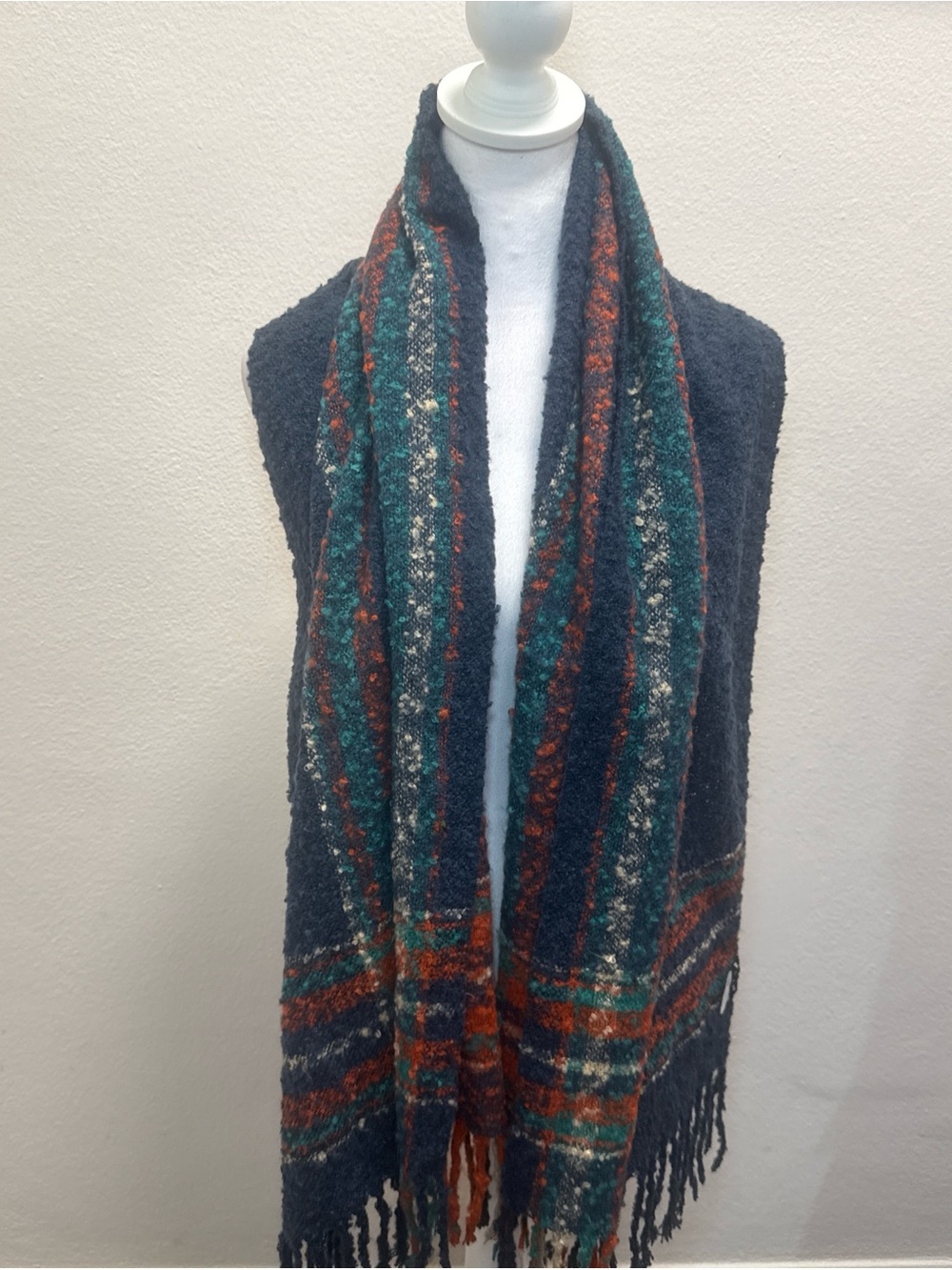 Vintage Basha Multicolor Striped & Plaid Knit Fringe Scarf